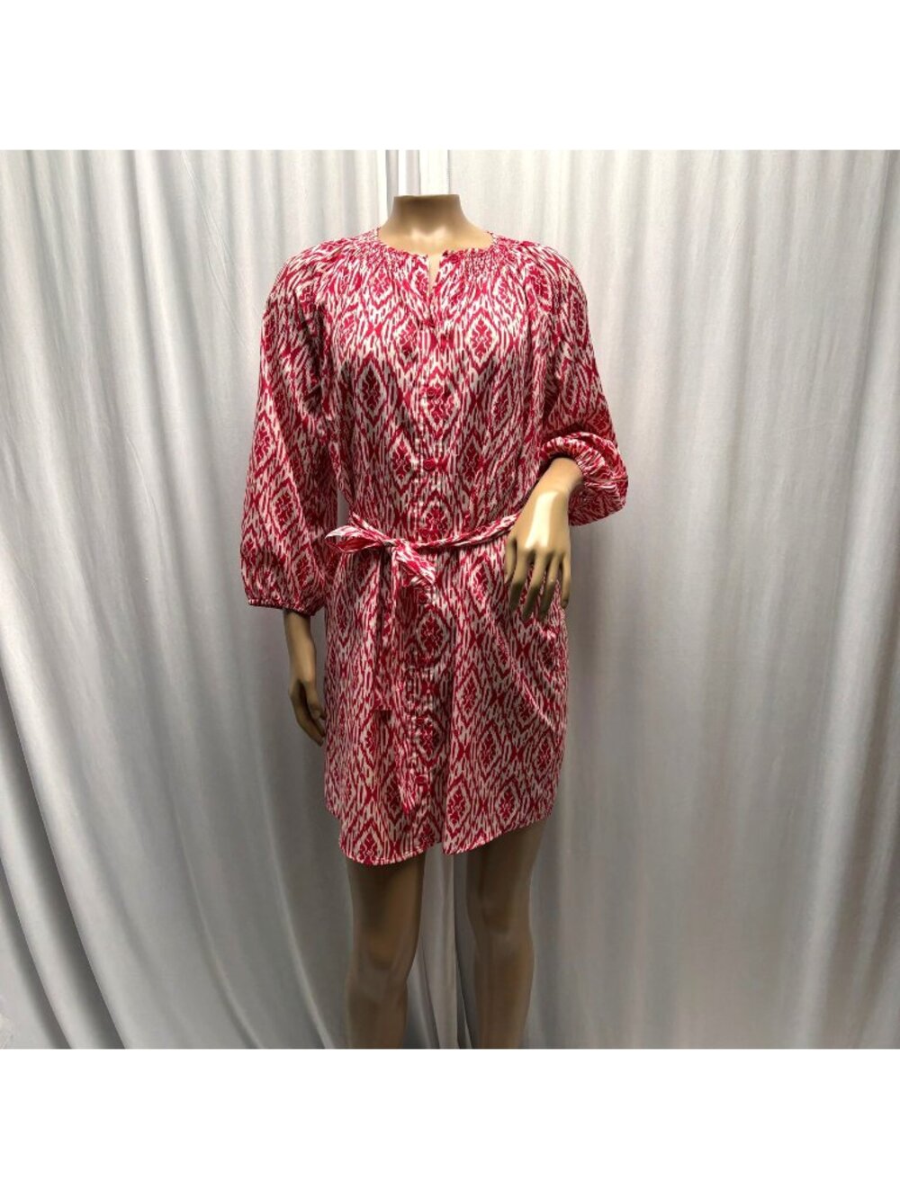 Maeve Ikat Frequencies Mini Dress Womens Size Small Button Down Belted Red White